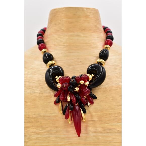 Vintage Lucite Beaded Statement Necklace Bib Black Red Gold Chunky 1970s BinBL - Picture 1 of 12
